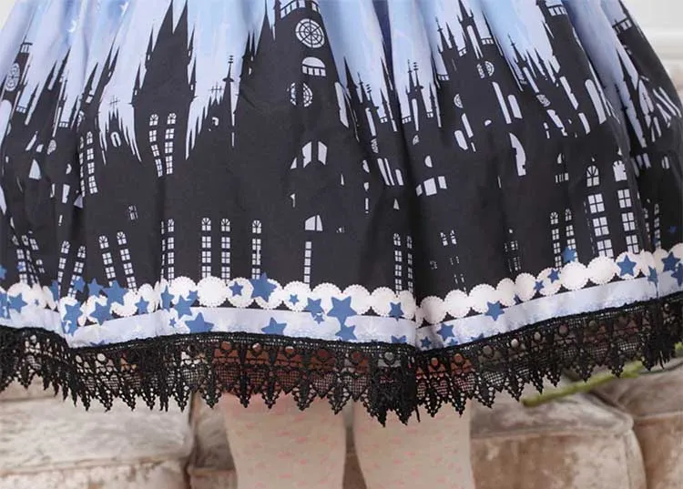 Lolita Blue and Back Gothic Church Printed Lace Lady's Elastic Waist Skirt