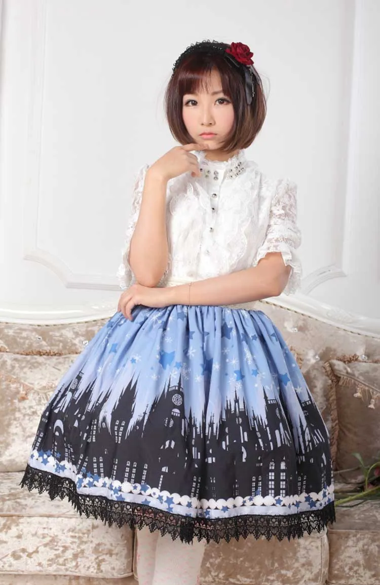 Lolita Blue and Back Gothic Church Printed Lace Lady's Elastic Waist Skirt