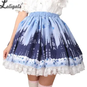 Lolita Blue and Back Gothic Church Printed Lace Lady's Elastic Waist Skirt