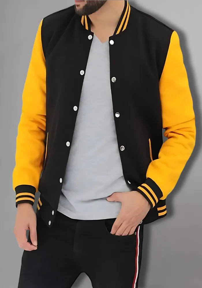 Men Black and Yellow Baseball Bomber Jacket