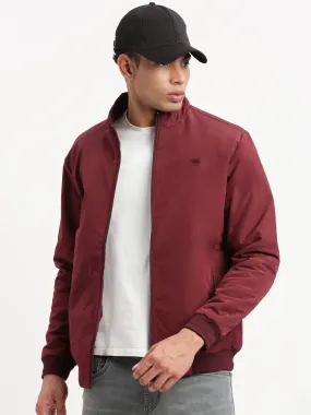 Men Mock Collar Maroon Solid Bomber Jacket