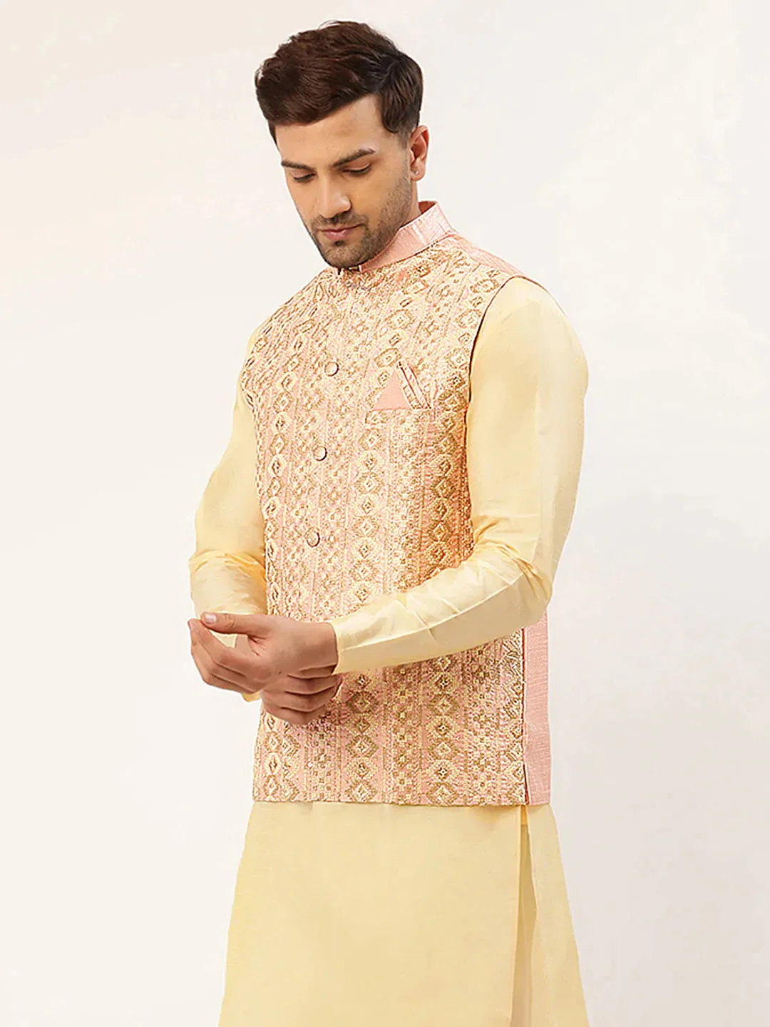 Men Pink & Gold Embroidered Woven Nehru Jacket