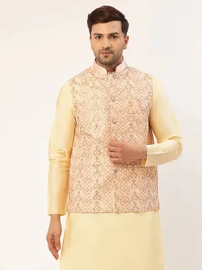 Men Pink & Gold Embroidered Woven Nehru Jacket