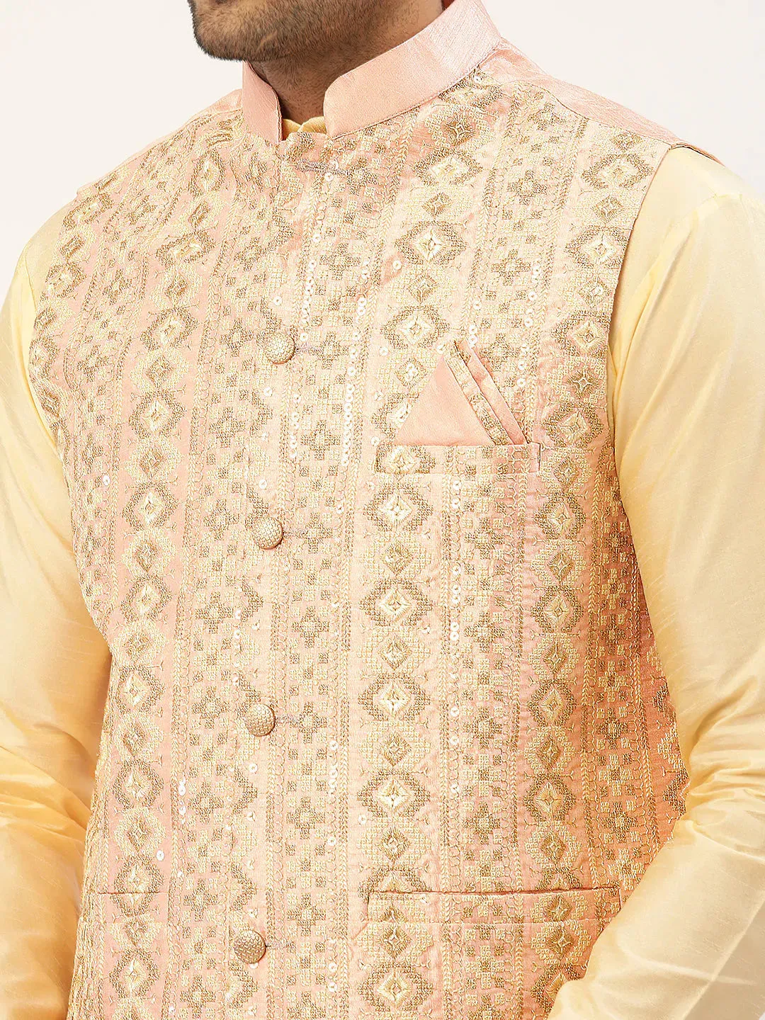 Men Pink & Gold Embroidered Woven Nehru Jacket