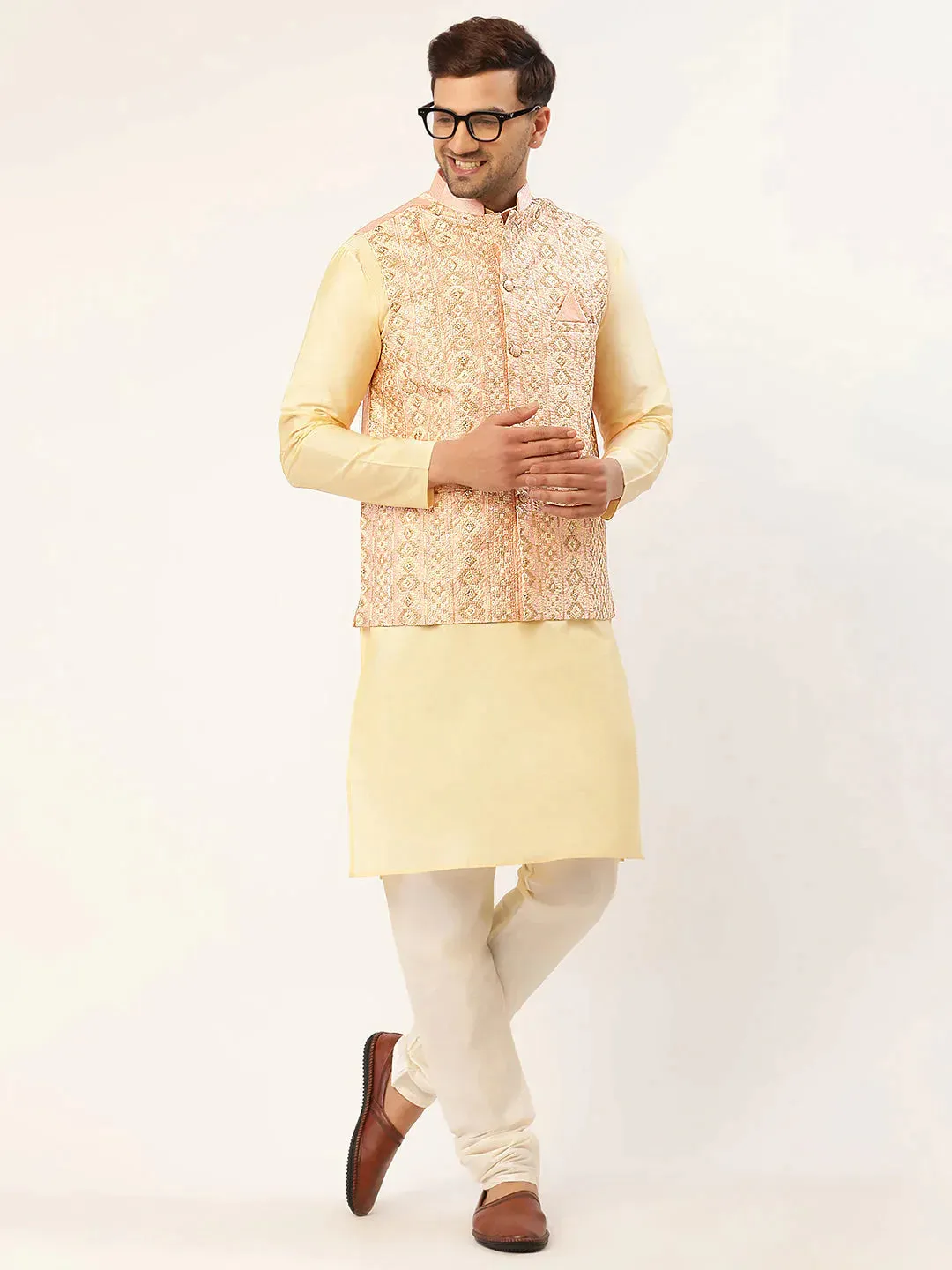 Men Pink & Gold Embroidered Woven Nehru Jacket