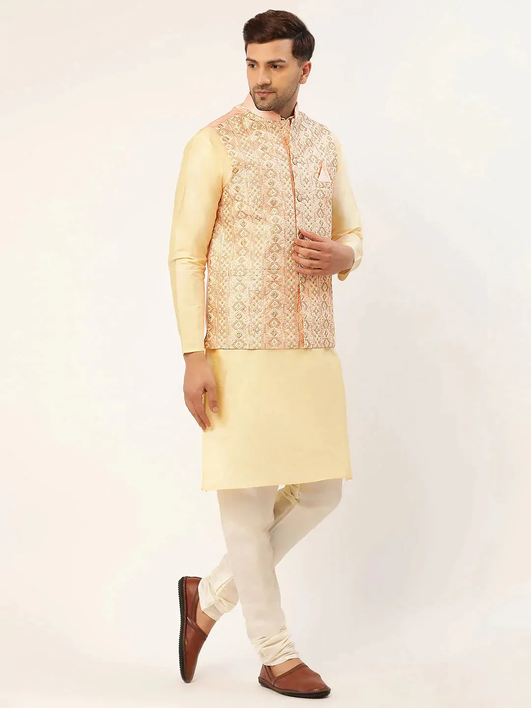 Men Pink & Gold Embroidered Woven Nehru Jacket