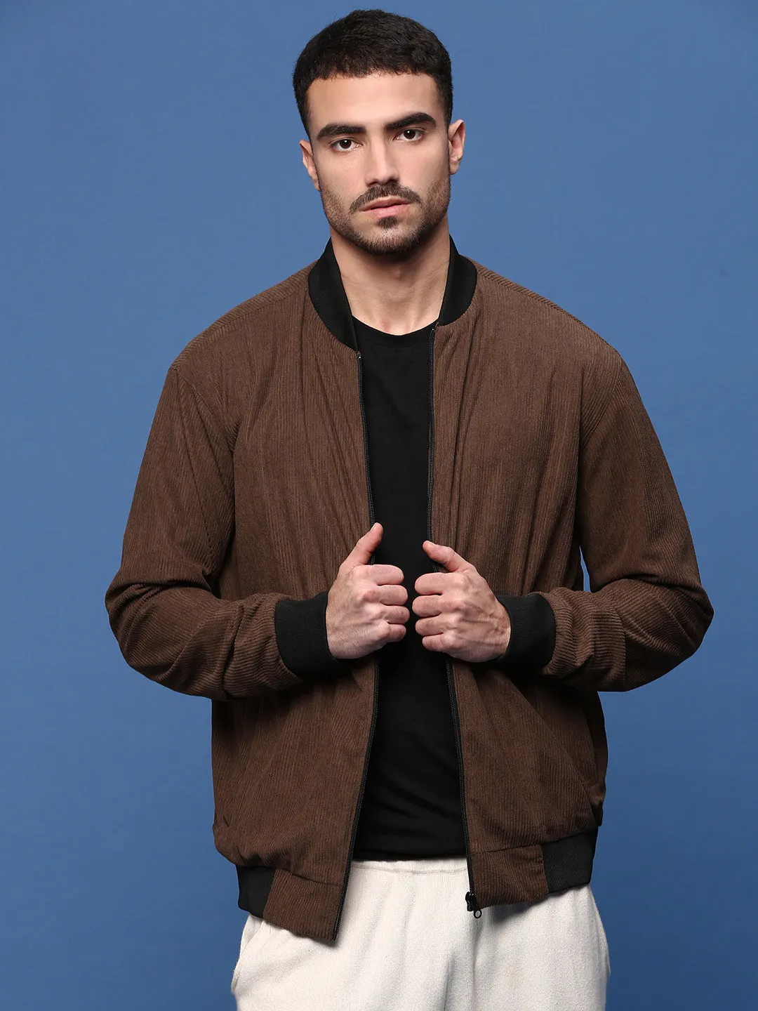 Men Solid Brown Bomber Jacket