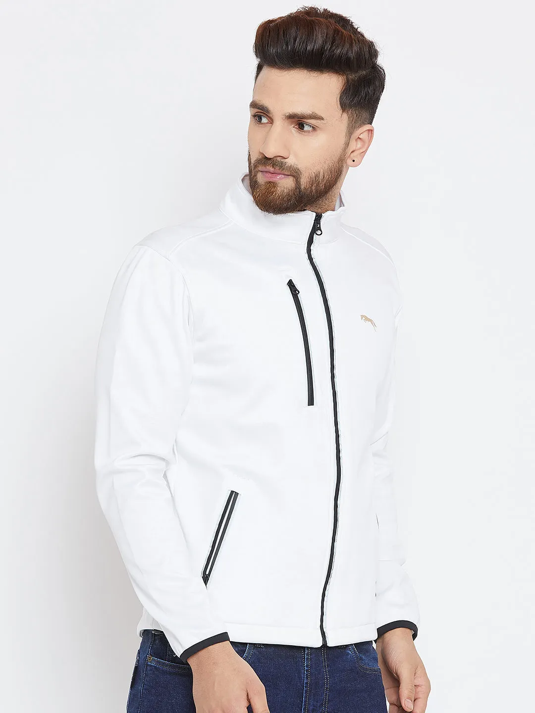 Men White Solid Sporty Jacket