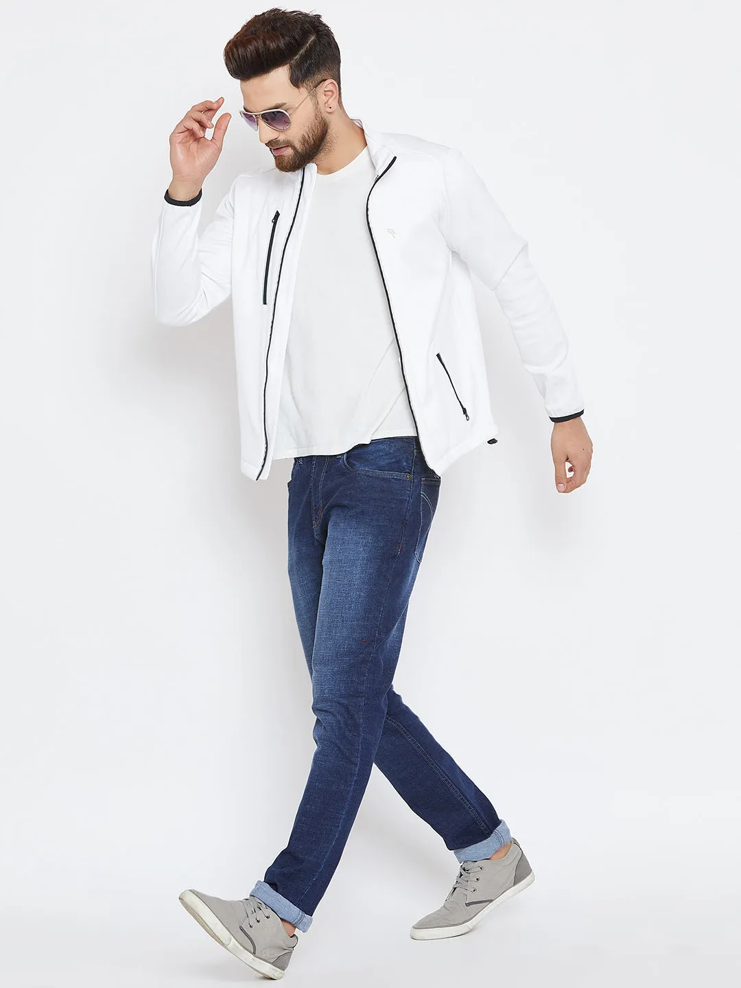 Men White Solid Sporty Jacket