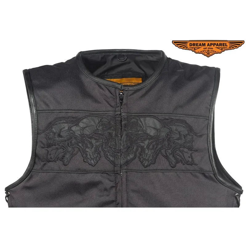 Men's Black Textile Motorcycle Vest With Reflective Skulls Across Chest & Back