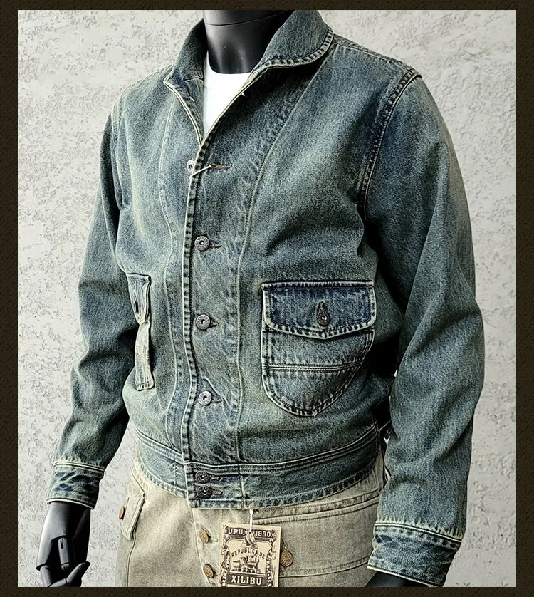 Men's Shawl Collar Washed Denim Jacket