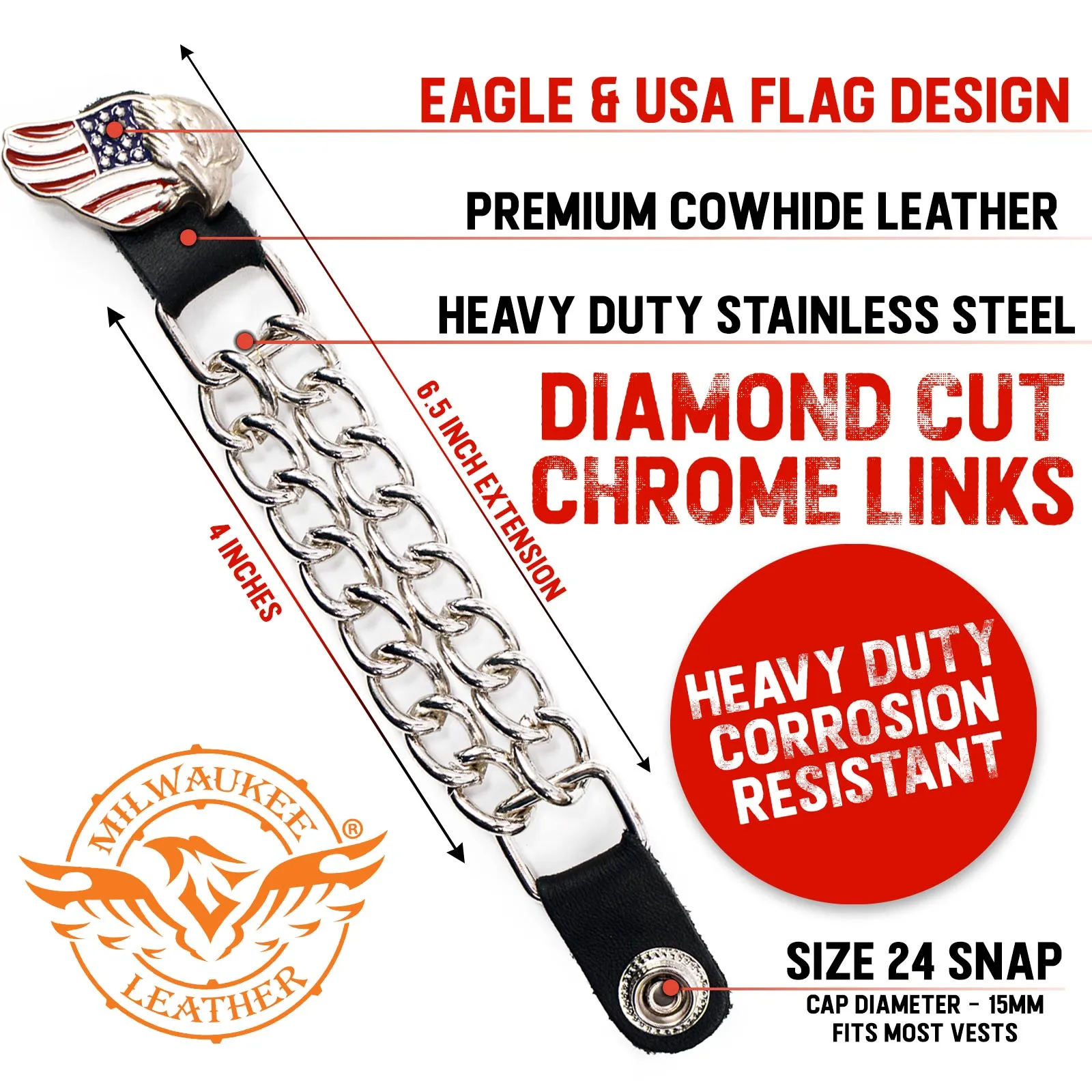 Milwaukee Leather Eagle Flag Medallion Vest Extender Double Chrome Chains Genuine Leather 6.5" Long 4-PC MLA6005SET