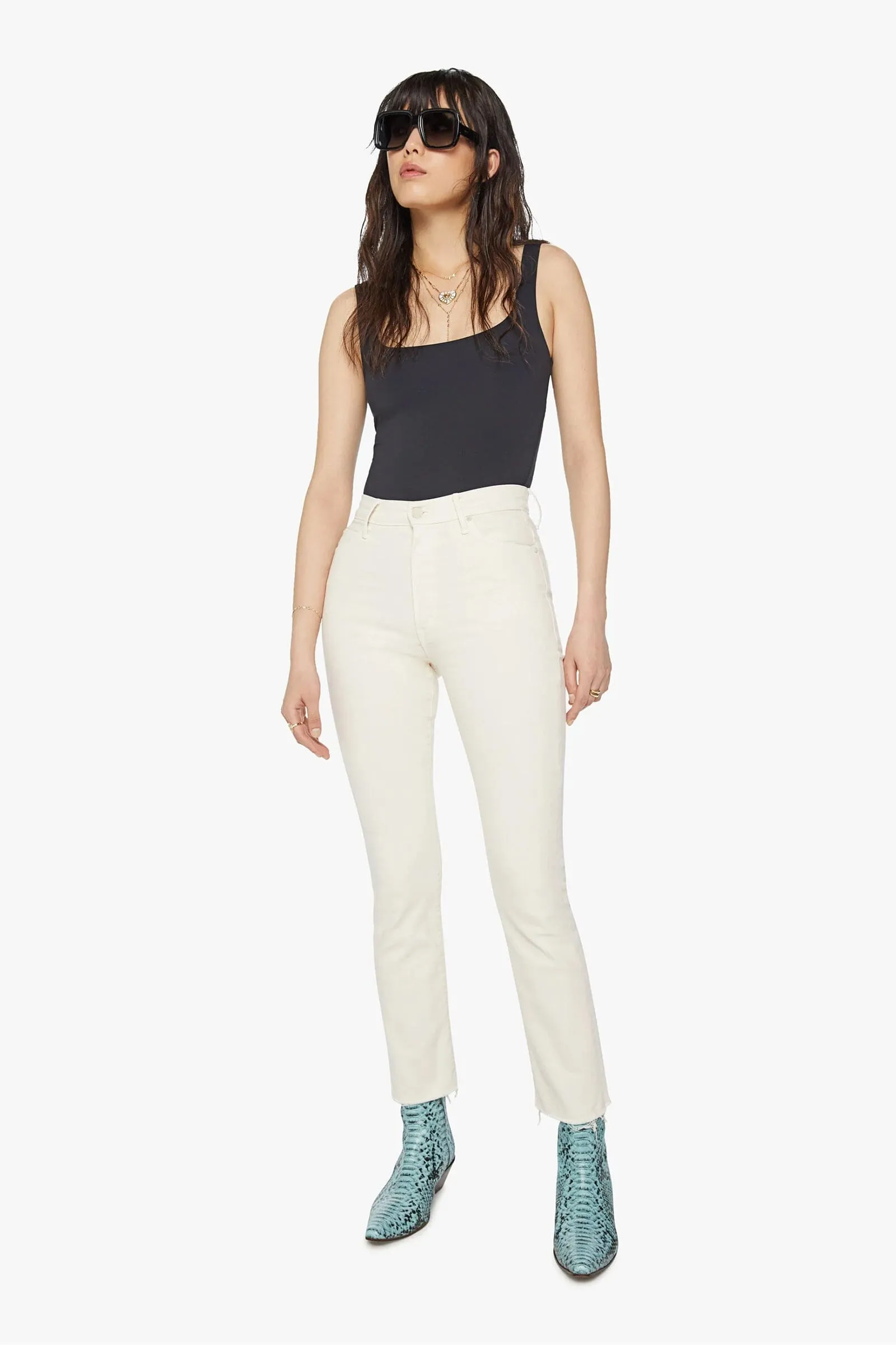 MOTHER | High Waisted Rascal Ankle Fray - Eggnog