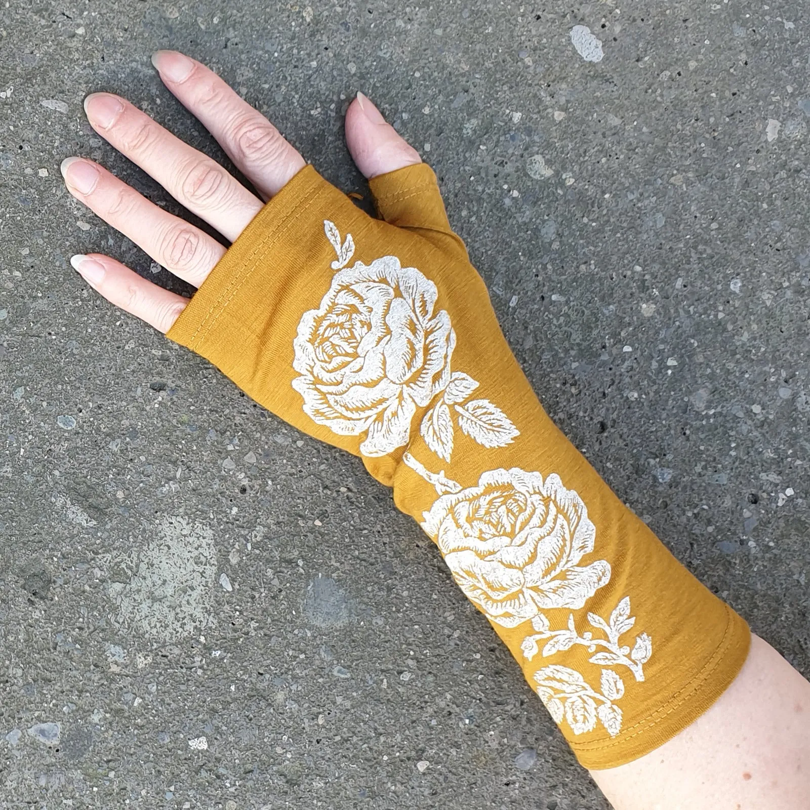 Mustard rose print merino fingerless gloves