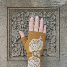 Mustard rose print merino fingerless gloves