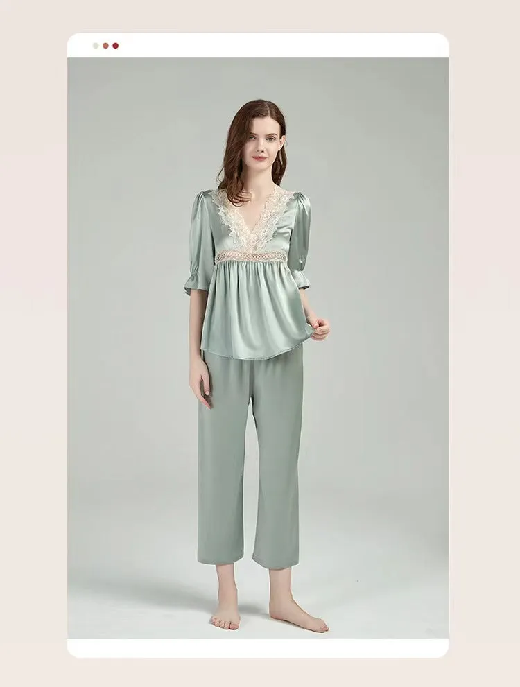 New Arrival|Spring and summer lace pajamas，Women's luxury style fashion pajamas set，elbow sleeve lace-mulberry silk，V-neck.