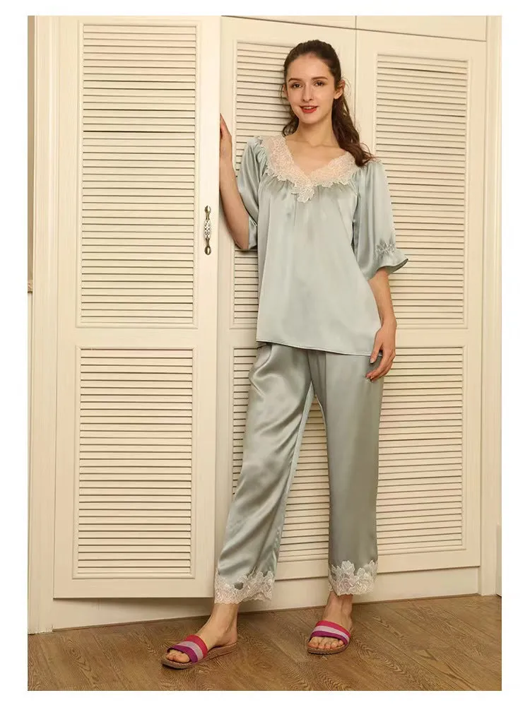 New Arrival|Spring and summer lace pajamas，Women's luxury style fashion pajamas set，elbow sleeve lace-mulberry silk，V-neck.