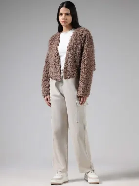 Nuon Brown Plush Fur Crop Cardigan