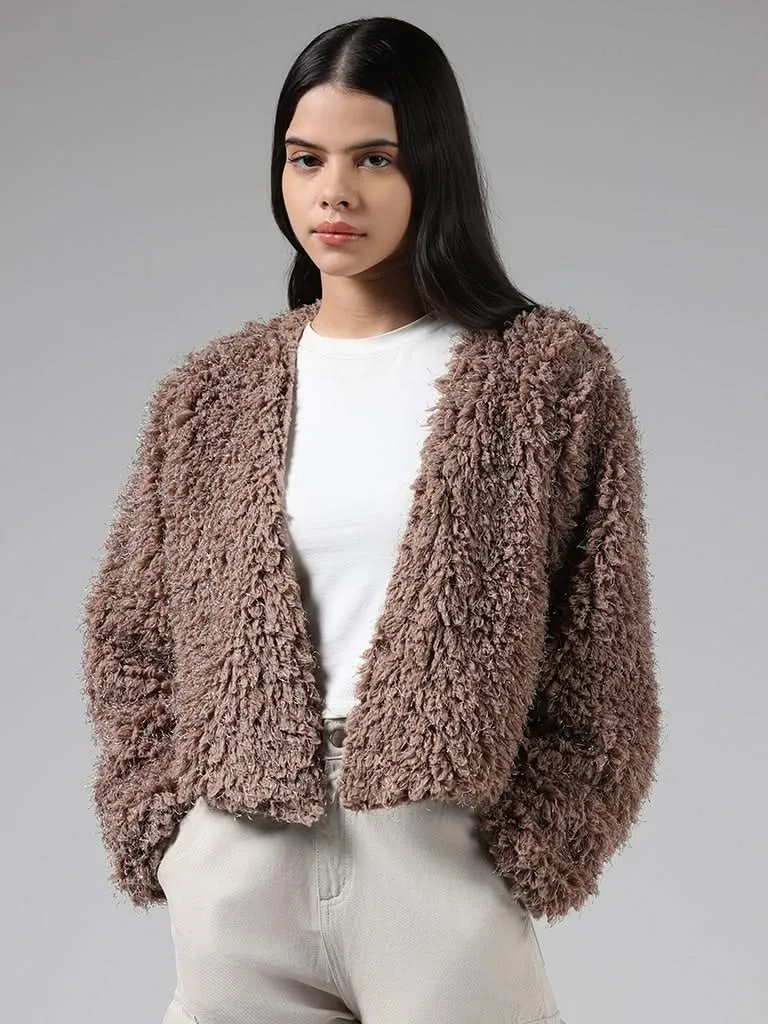 Nuon Brown Plush Fur Crop Cardigan