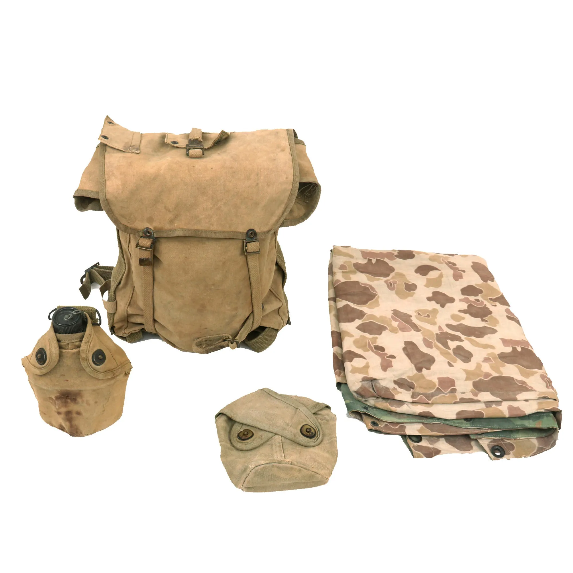 Original U.S. WWII US Marine Corps Field Gear Lot Featuring 1st Model M41 Pack, 2nd Model Canteen Cover, 3rd Model Canteen Cover (Without Funnel Hole) and Tarp