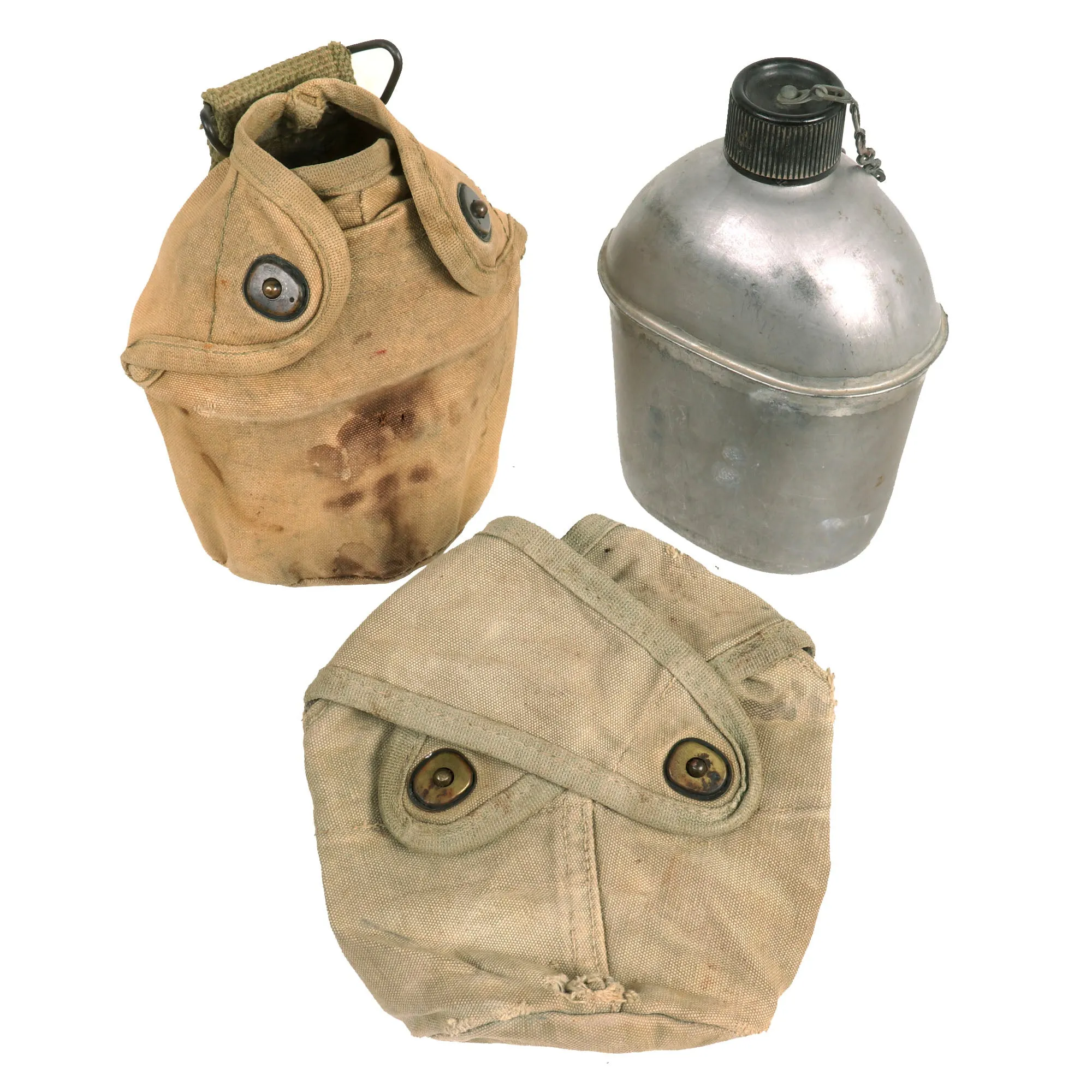 Original U.S. WWII US Marine Corps Field Gear Lot Featuring 1st Model M41 Pack, 2nd Model Canteen Cover, 3rd Model Canteen Cover (Without Funnel Hole) and Tarp