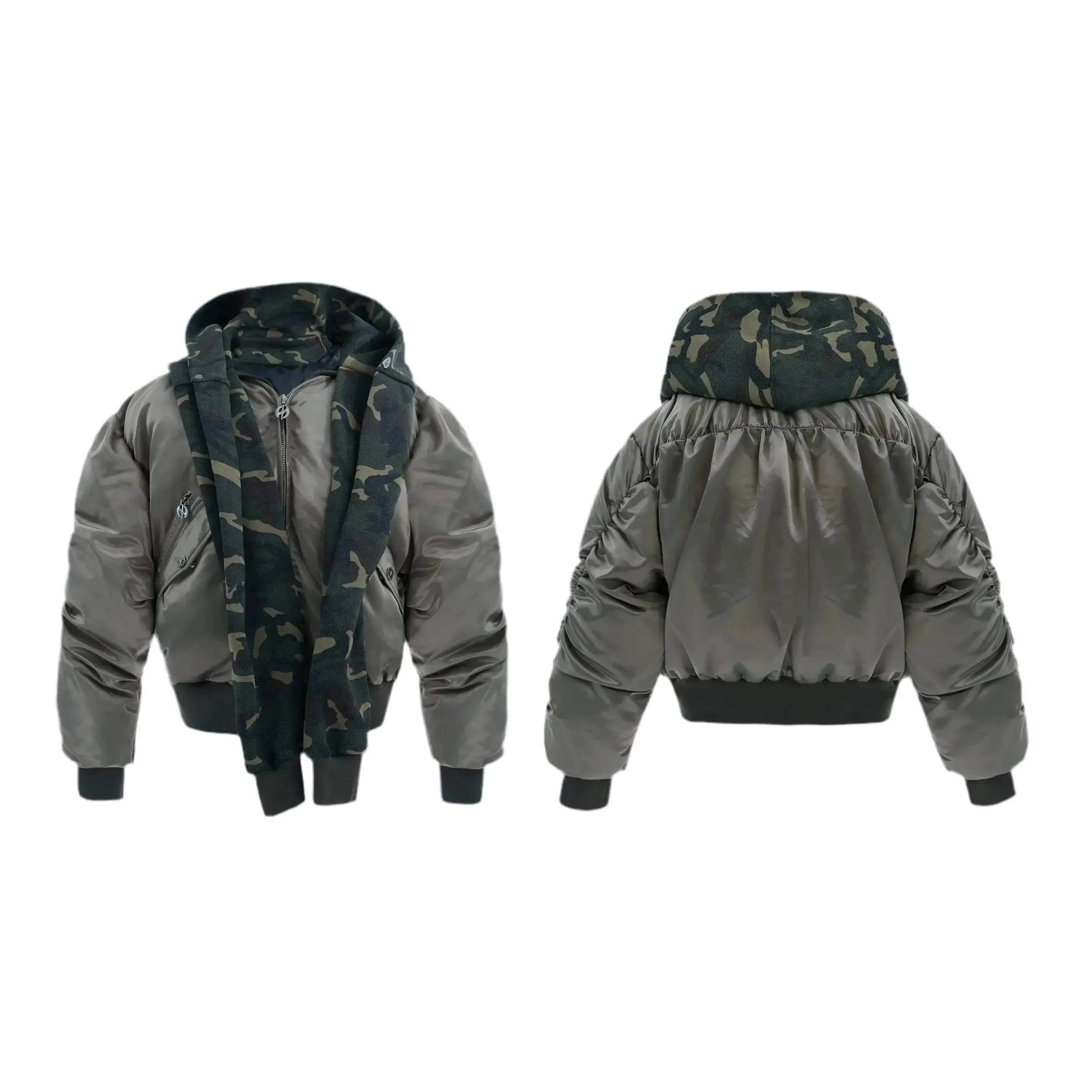 Oversized Camouflage Scarf Hooded Bomber Jacket