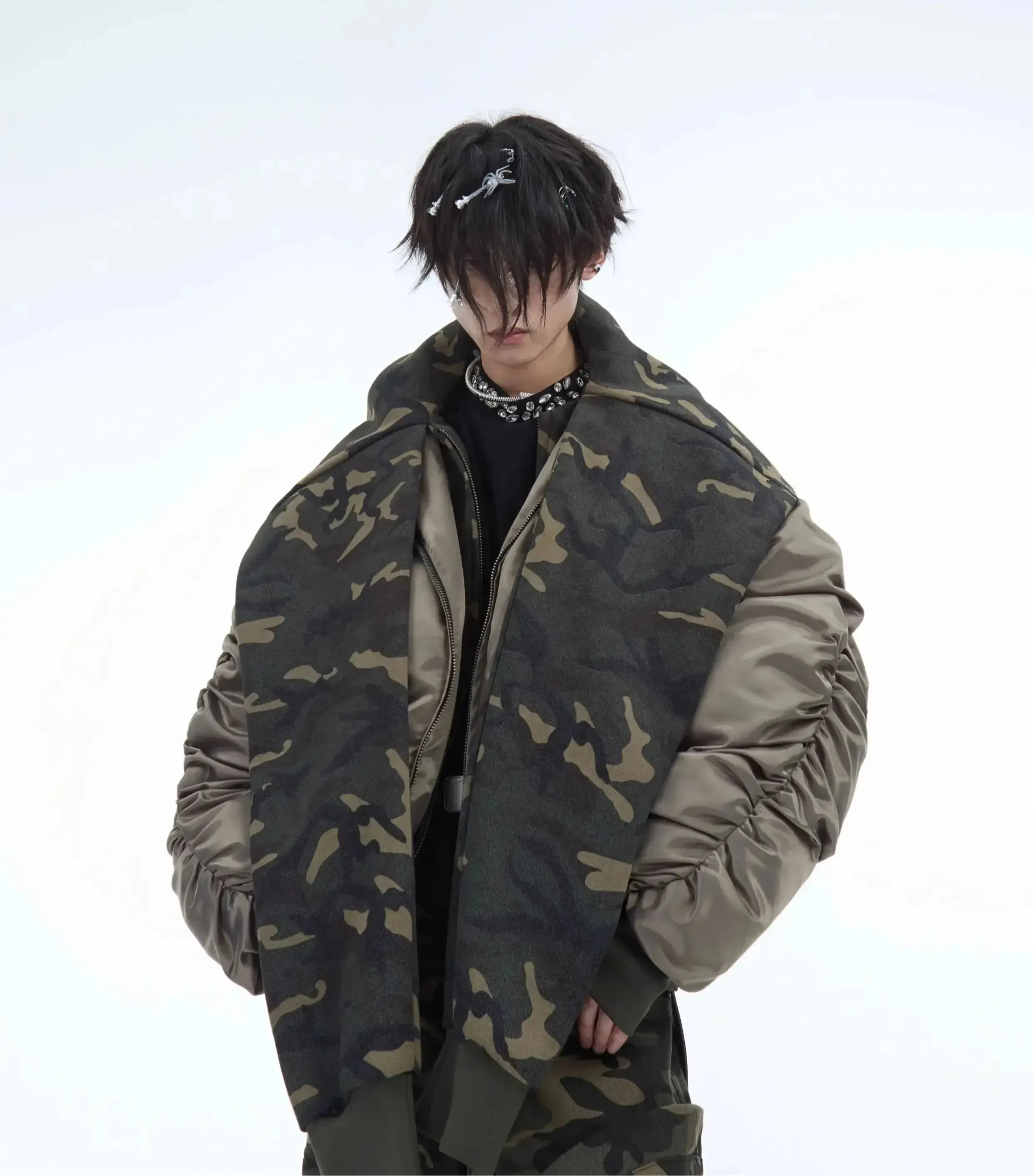 Oversized Camouflage Scarf Hooded Bomber Jacket