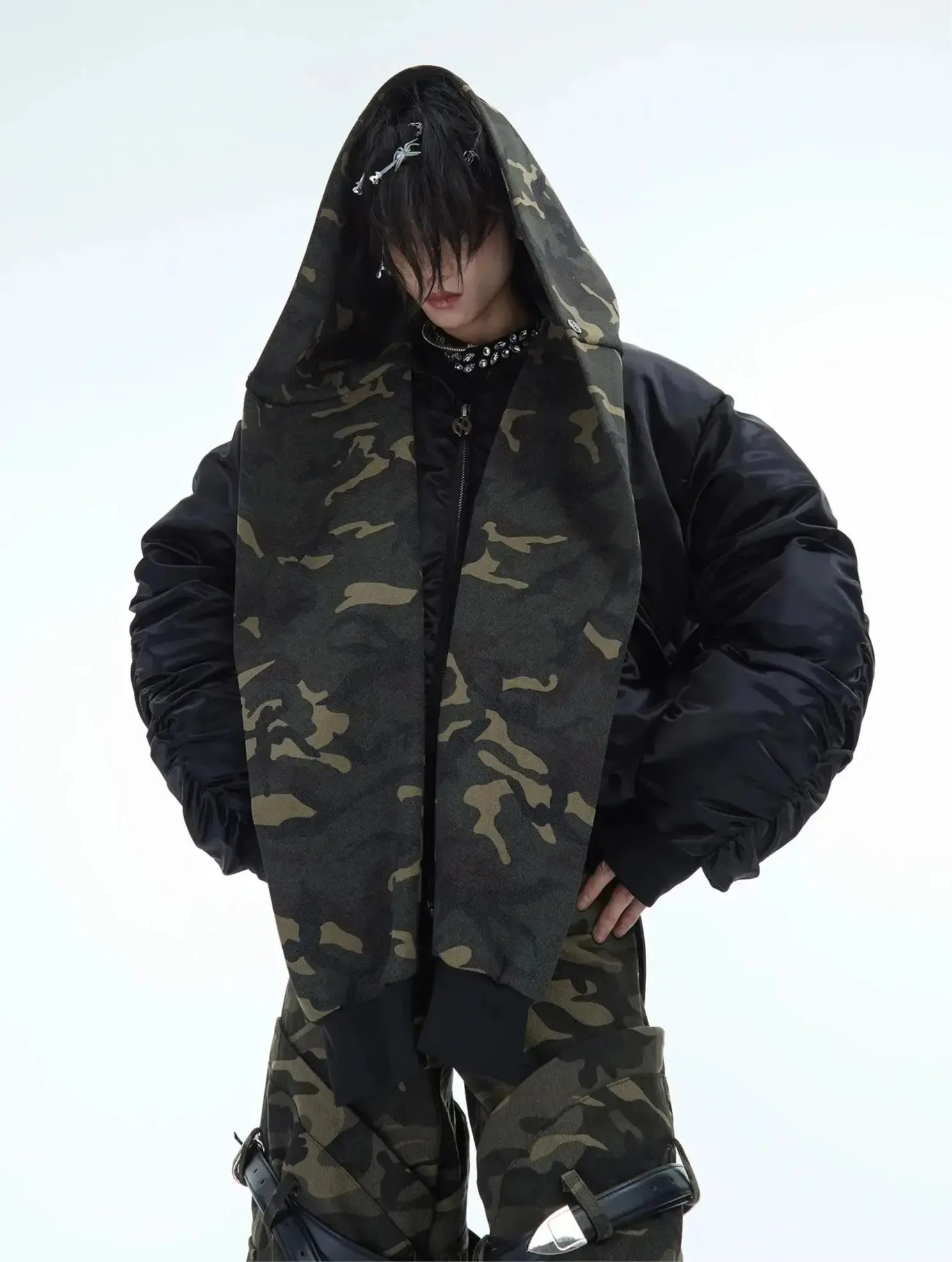 Oversized Camouflage Scarf Hooded Bomber Jacket