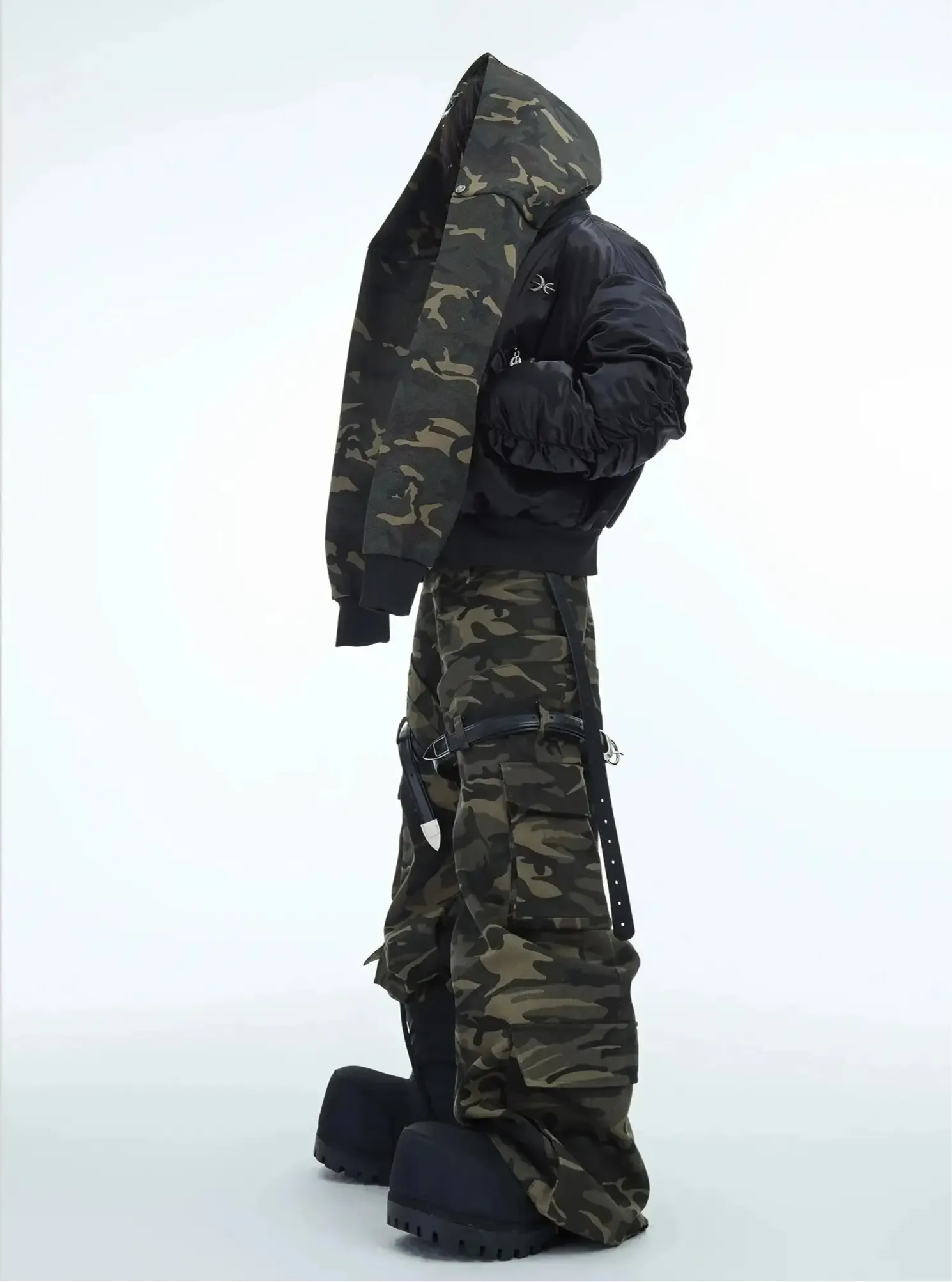 Oversized Camouflage Scarf Hooded Bomber Jacket