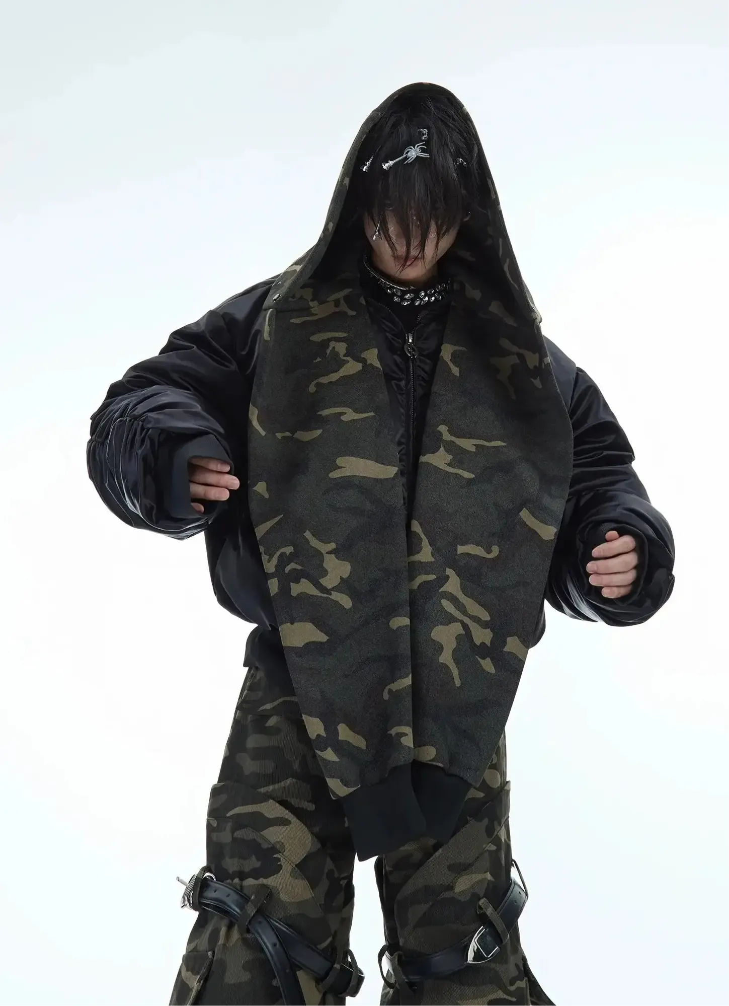 Oversized Camouflage Scarf Hooded Bomber Jacket