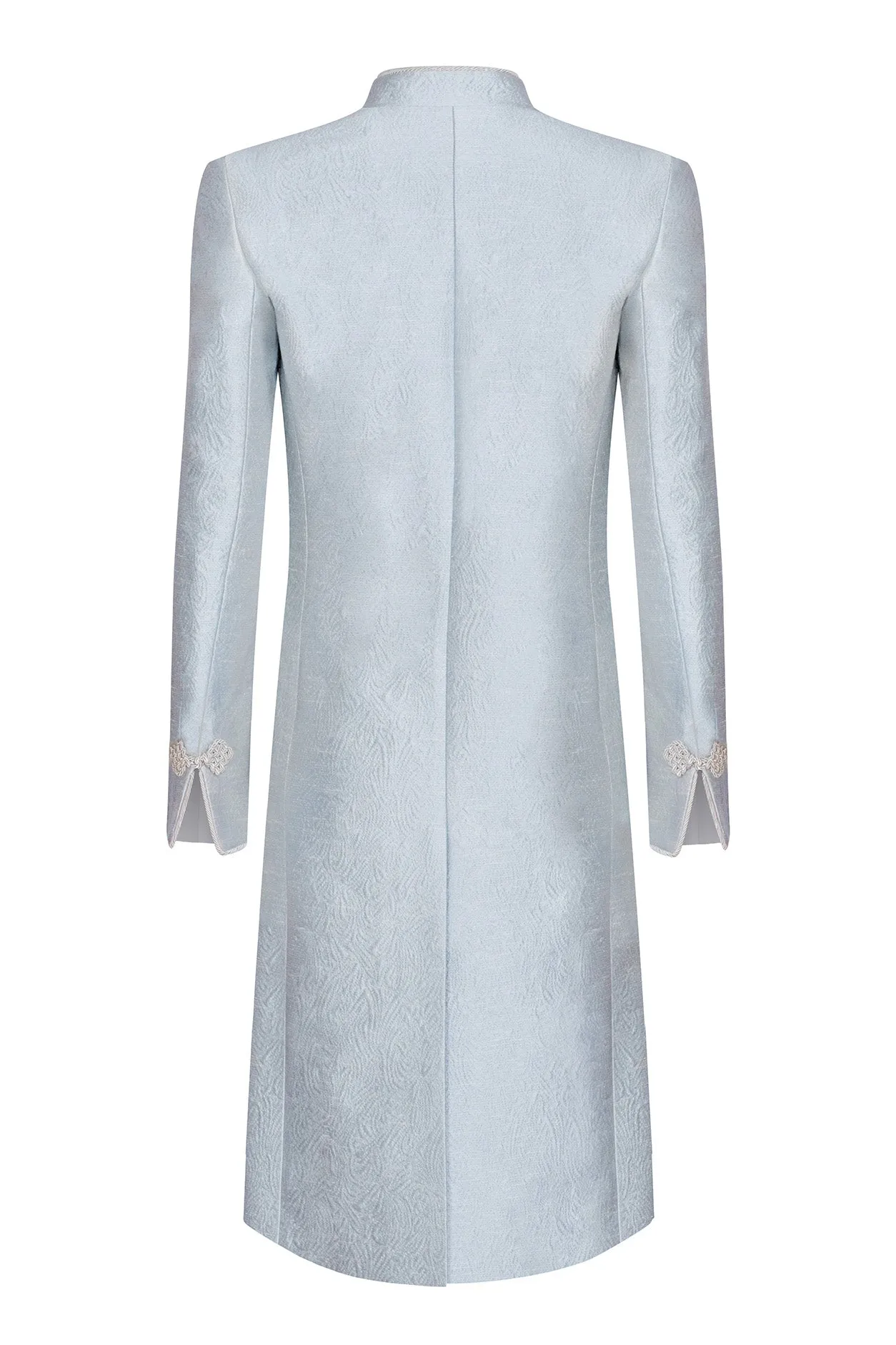 Pale Blue Dress Coat in Silk Brocade with Cord Trim and Frogging - Vicky