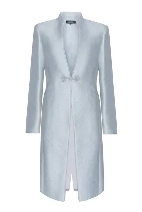 Pale Blue Dress Coat in Silk Brocade with Cord Trim and Frogging - Vicky