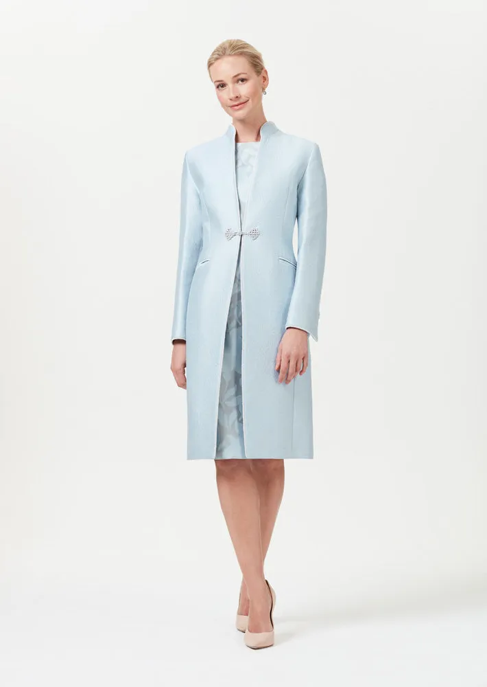 Pale Blue Dress Coat in Silk Brocade with Cord Trim and Frogging - Vicky