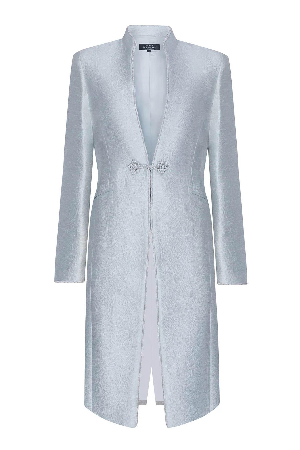 Pale Blue Dress Coat in Silk Brocade with Cord Trim and Frogging - Vicky