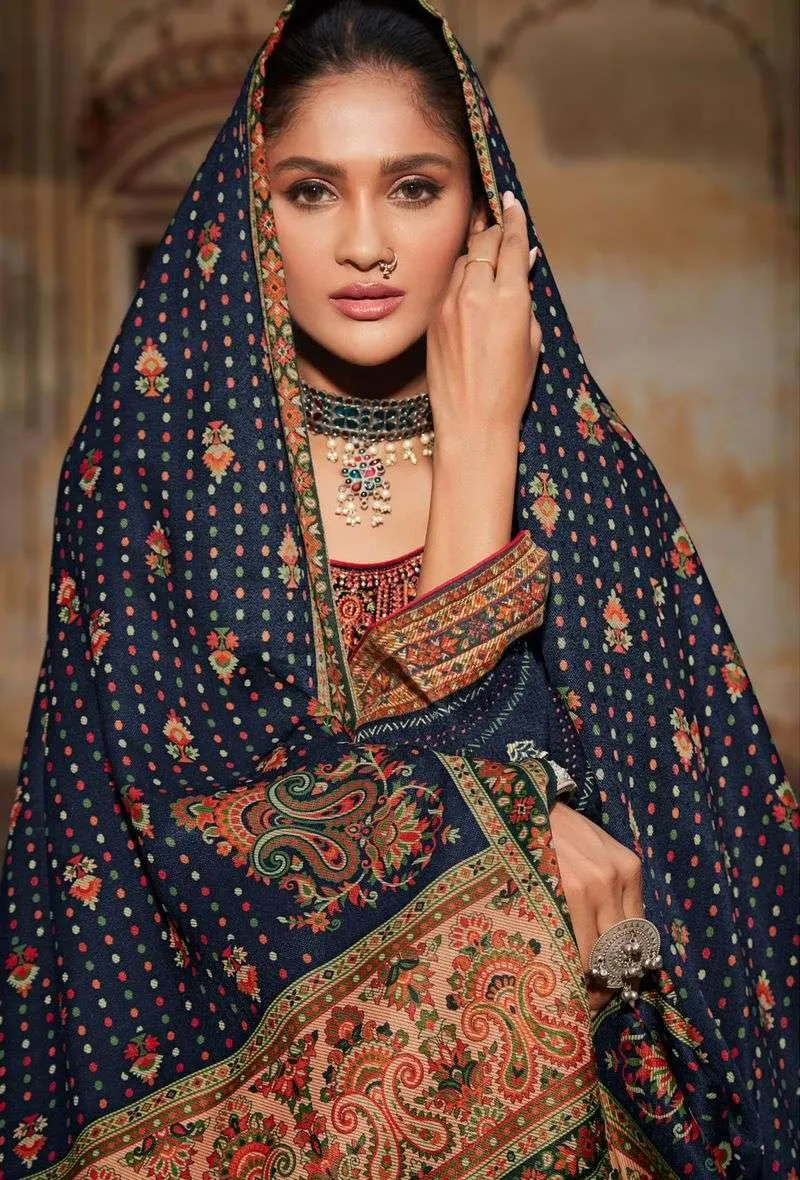 Pashmina Unstitched Dark Blue Winter Suits With Embroidery