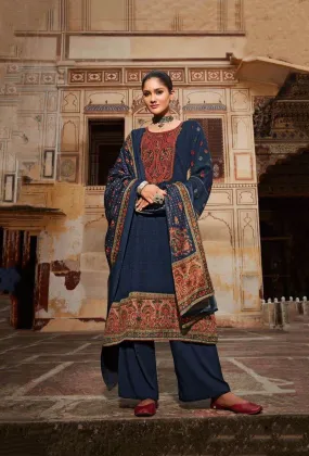 Pashmina Unstitched Dark Blue Winter Suits With Embroidery