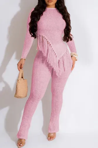 Pink Asymmetrical Tassel Fringe Hem Tunic Top & Leggings Set