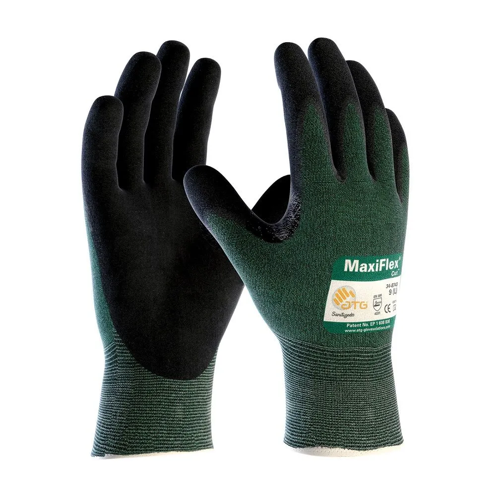 PIP ATG 34-8743V/L MaxiFlex Cut Vend Ready Seamless Knit Glove with Black MicroFoam Nitrile Coated, Green, Large, 1 Pair