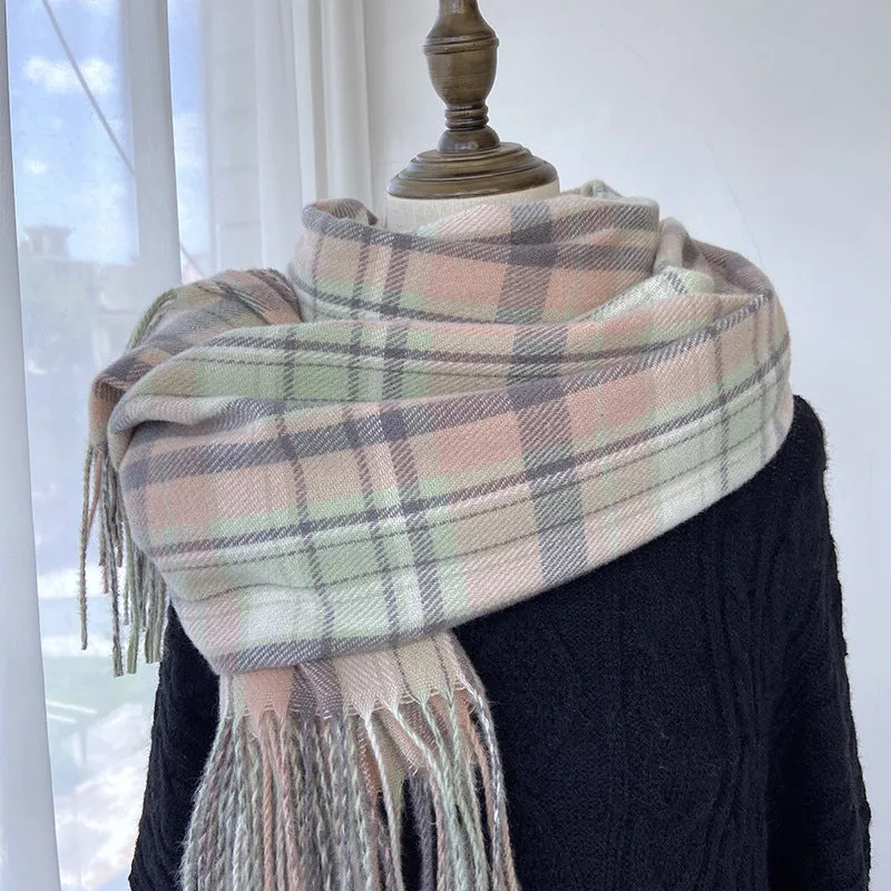 Plaid scarf women's autumn and winter fashion warm imitation cashmere scarf mid-length fringed shawl