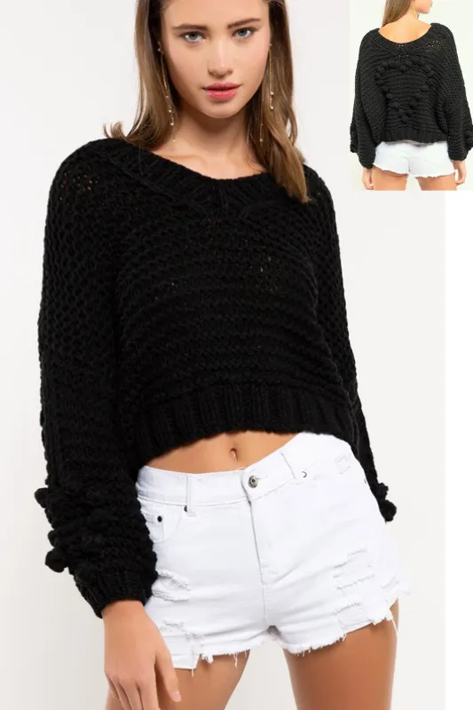 POL 3D Bauble Hearts Crop Chunky Knit Top - Jet Black