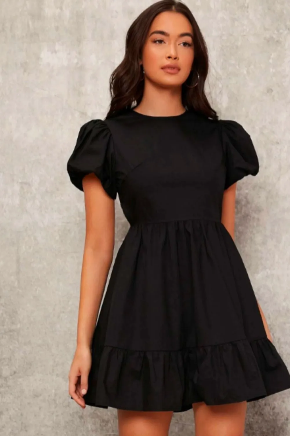 Puff Sleeve Ruffle Hem Bow Backless Dress