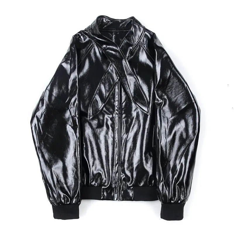 Punk Gothic Bow Collar Faux Leather Casual Men Jacket