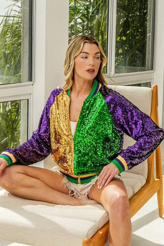 Purple/Mustard Back Mardi Gras Bomber Jacket