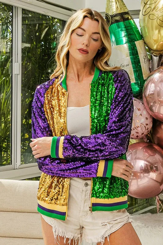 Purple/Mustard Back Mardi Gras Bomber Jacket