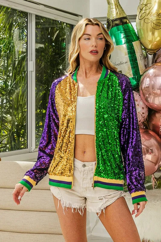 Purple/Mustard Back Mardi Gras Bomber Jacket