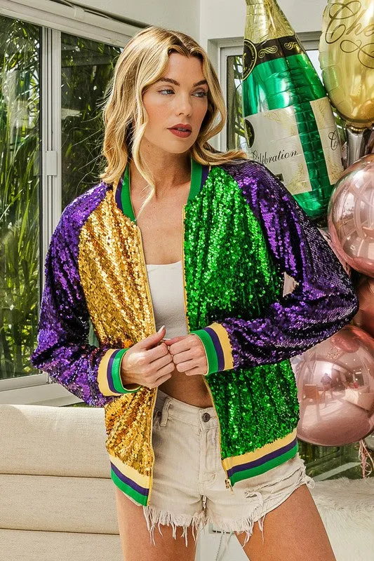 Purple/Mustard Back Mardi Gras Bomber Jacket