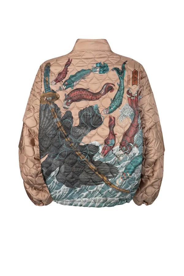 "Koinobori Karasu" Reversible Silk Twill Bomber Jacket