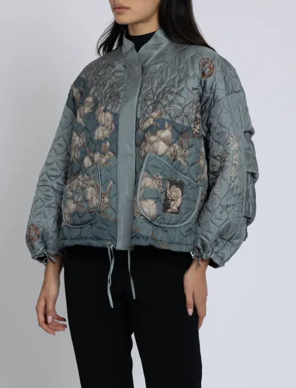 "The Floating Rabbits" Reversible Silk Twill Bomber Jacket