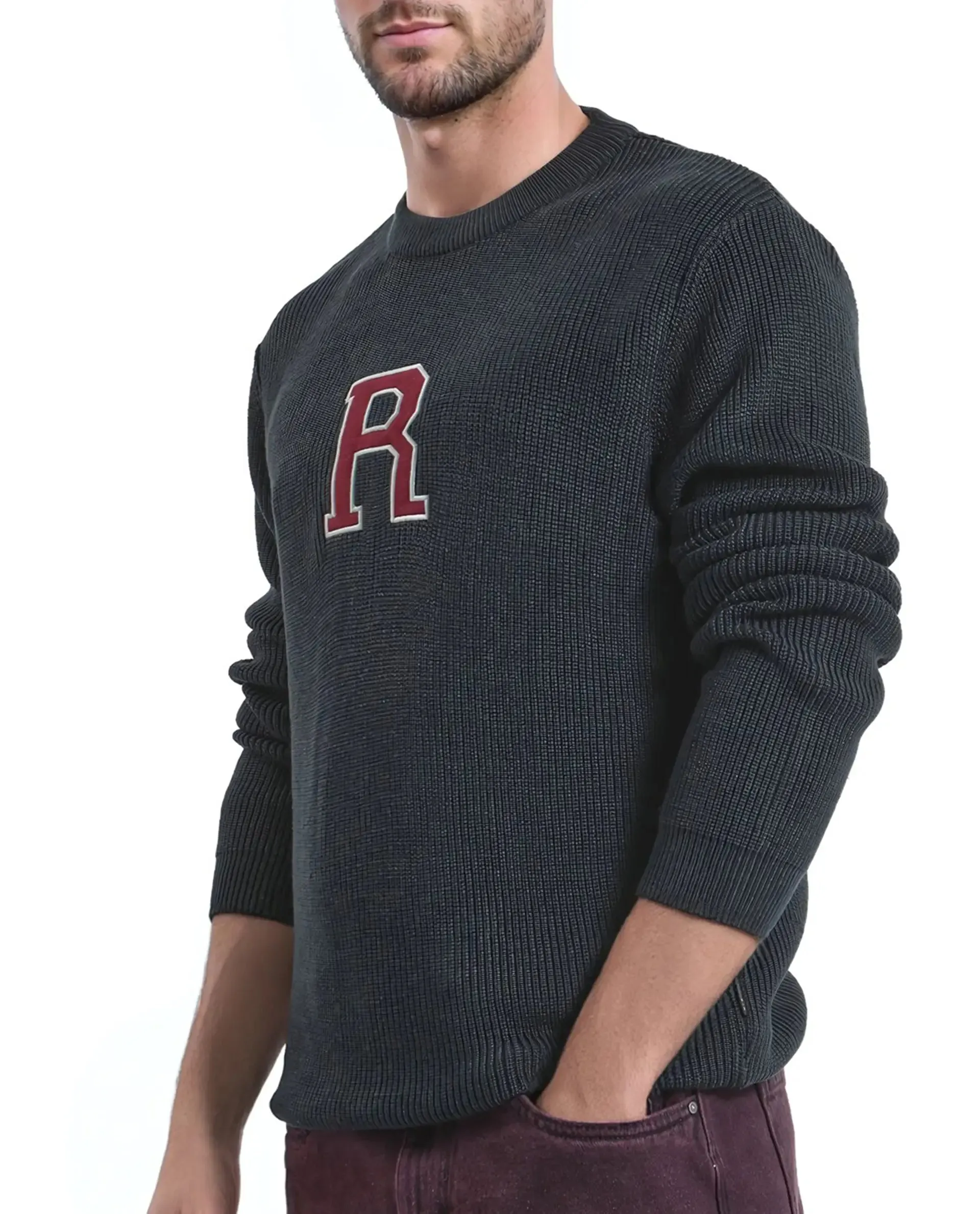 Rare Rabbit Men's Kazu Navy Full Sleeve Crew Neck Regular Fit Plain Sweater