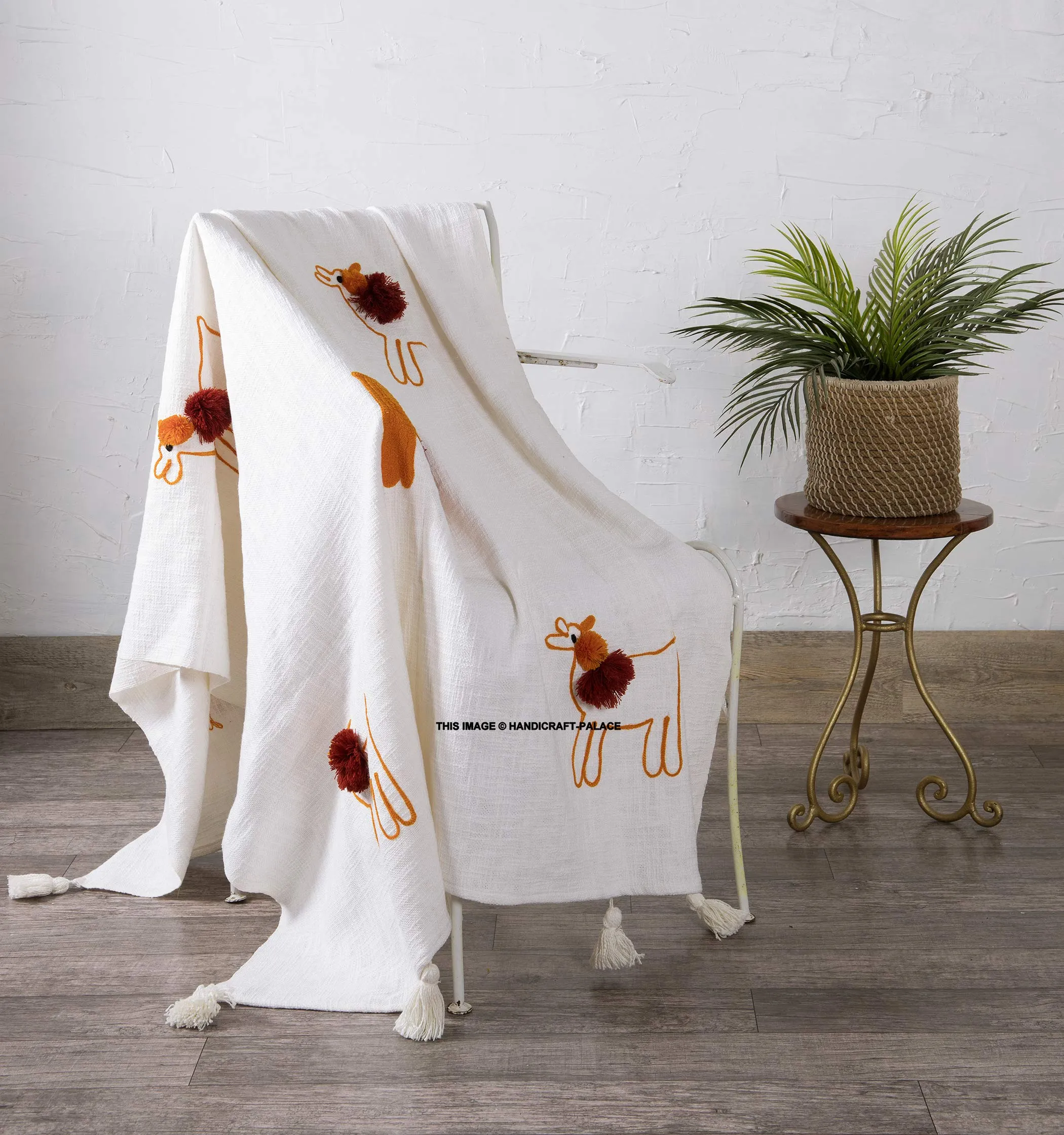 Ravaiyaa - Attitude is everything Cotton Handmade Embroidered Luxury Sofa Throw Pompom Shawl Blanket (White, Twin)